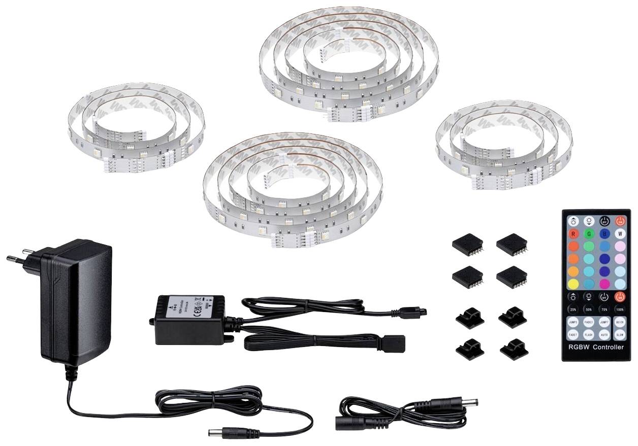 LED svetelný pásový set s diaľkovým ovládačom. Obsahuje päť svetelných pásov, adaptér, ovládač a prípojky. Ovládanie viacfarebných svetiel je viditeľné.