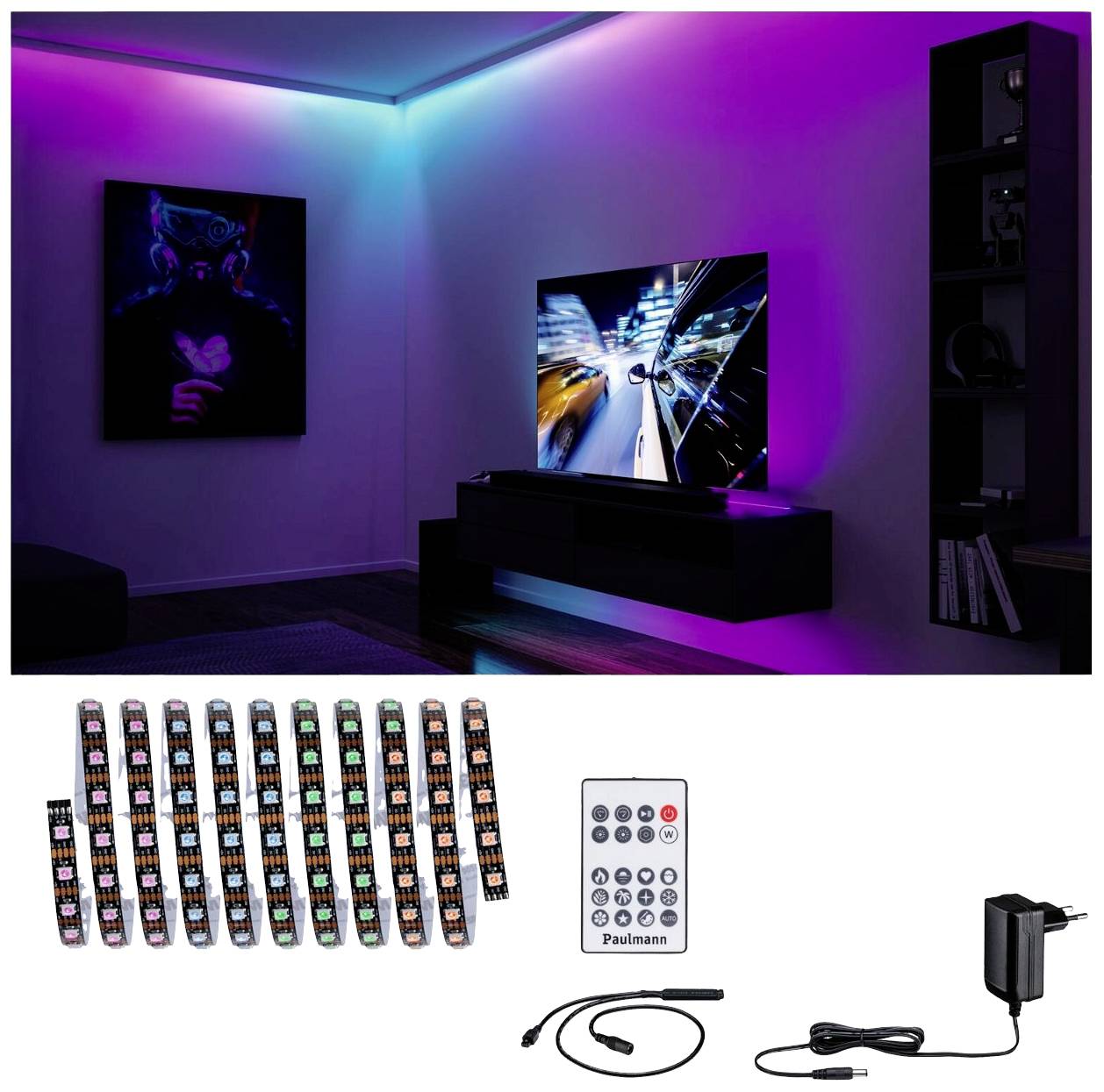 RGB LED svetelné pásy namontované za televízorom v obývacej izbe vytvárajú farebne bohatú atmosféru. Príslušenstvo: diaľkový ovládač, napájací adaptér.