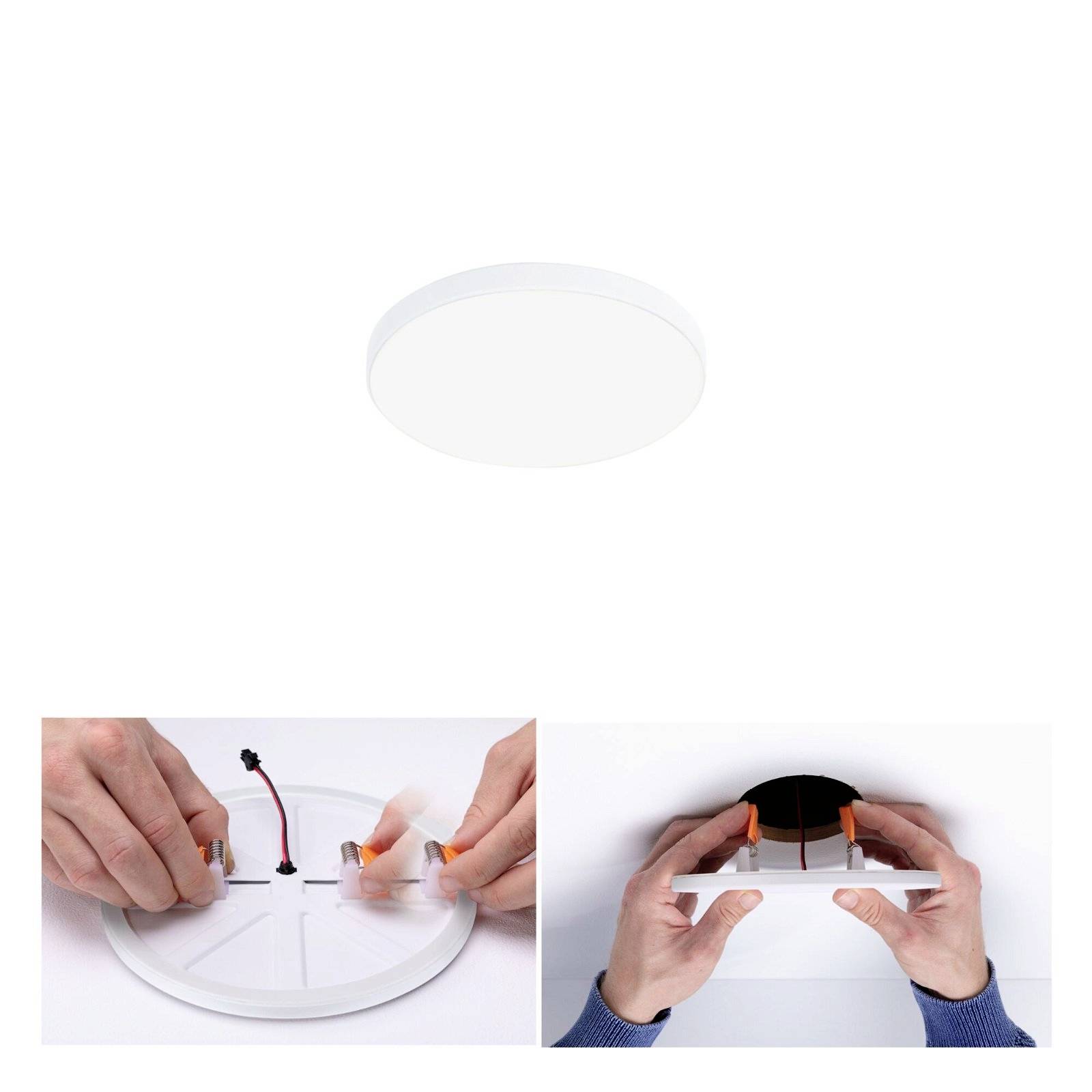 Okrúhle biele stropné svietidlo; vľavo: pripájanie prepájacích káblov; vpravo: svietidlo je upevnené na strope.