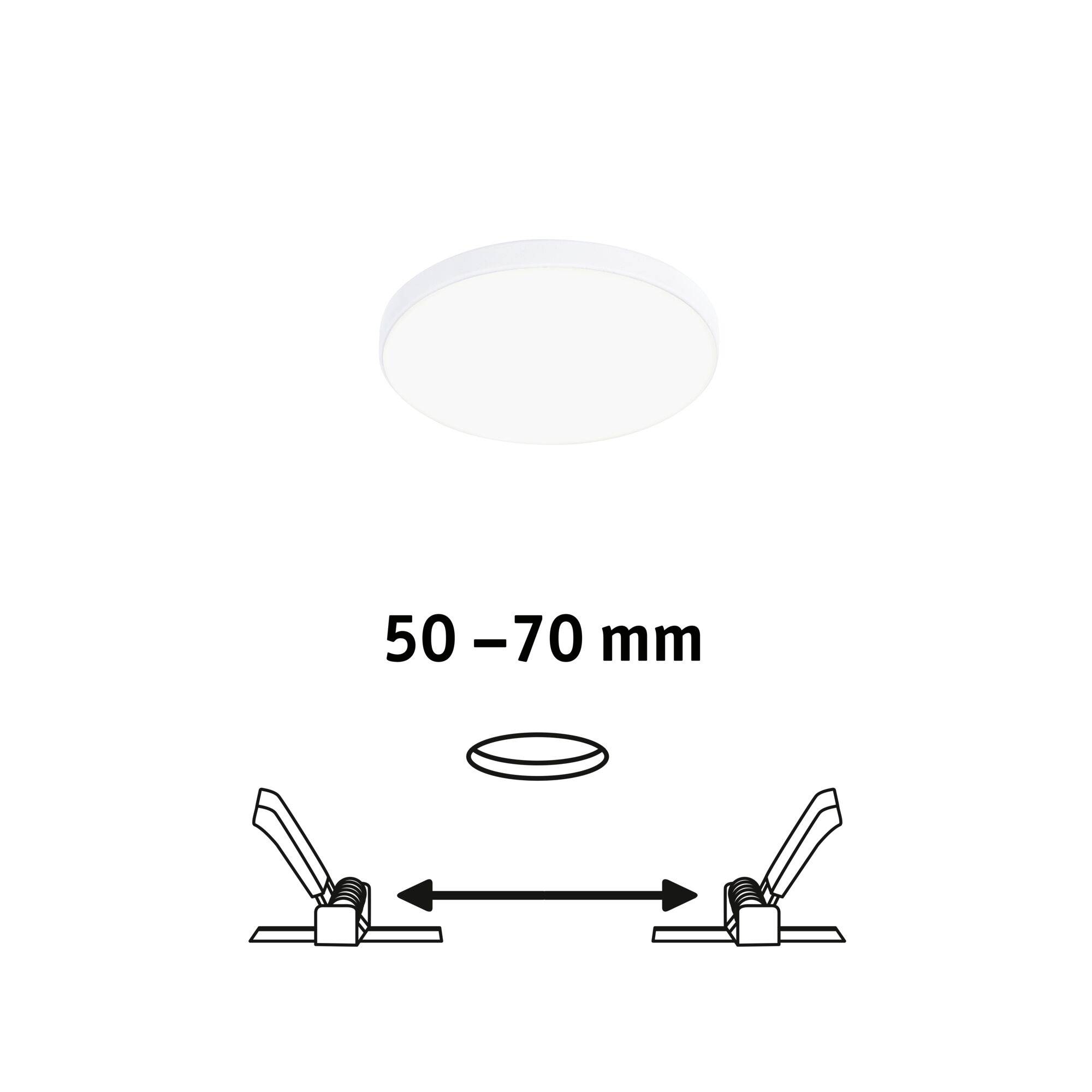 Biela okrúhla LED stropná svietidlo, vhodná pre výrezy s priemerom 50–70 mm. Ilustrácie znázorňujú montážne polohy a vzdialenosti.