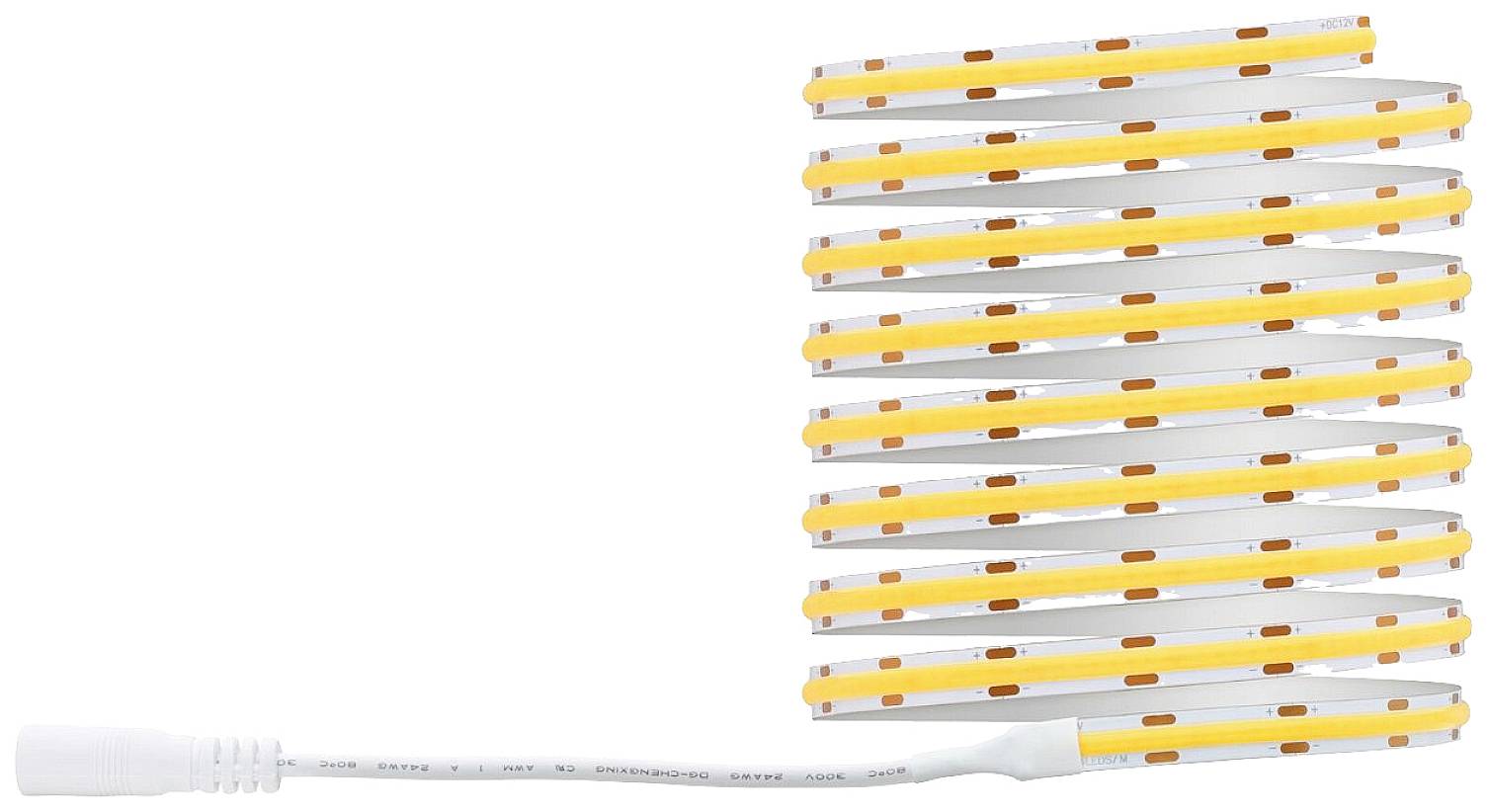 LED pásik so svetlom v bielej a žltej farbe s pripojeným káblom, ktorý prezentuje flexibilné a prispôsobiteľné možnosti osvetlenia.