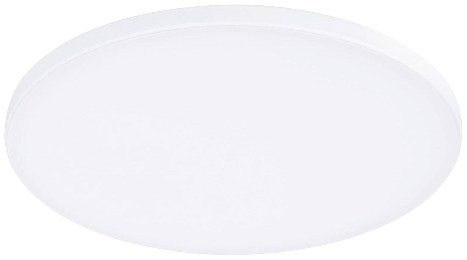 Okrúhle, biele stropné svietidlo s jednoduchým dizajnom, vhodné do interiérov.