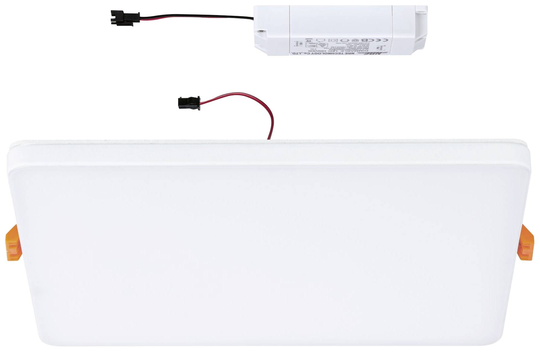 Obdĺžniková LED stropná lampa s bielym difúzorom; viditeľný kábel a transformátor. Vhodná do obývacej izby alebo kancelárskych priestorov.