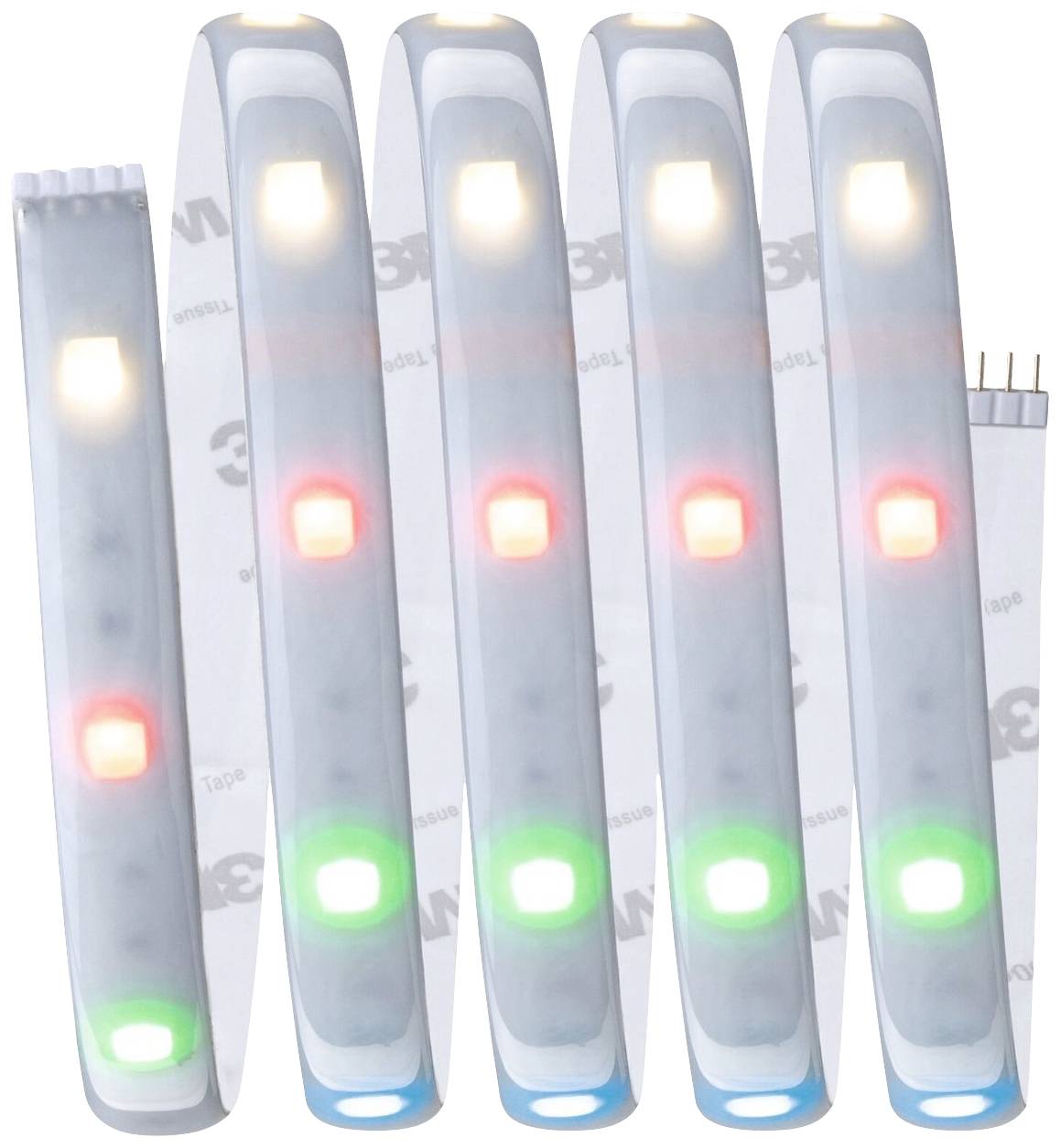 Päť LED pásikov vedľa seba, s LED diódami striedavo svietiacimi na červeno, zeleno a bielo. Neutrálne pozadie.