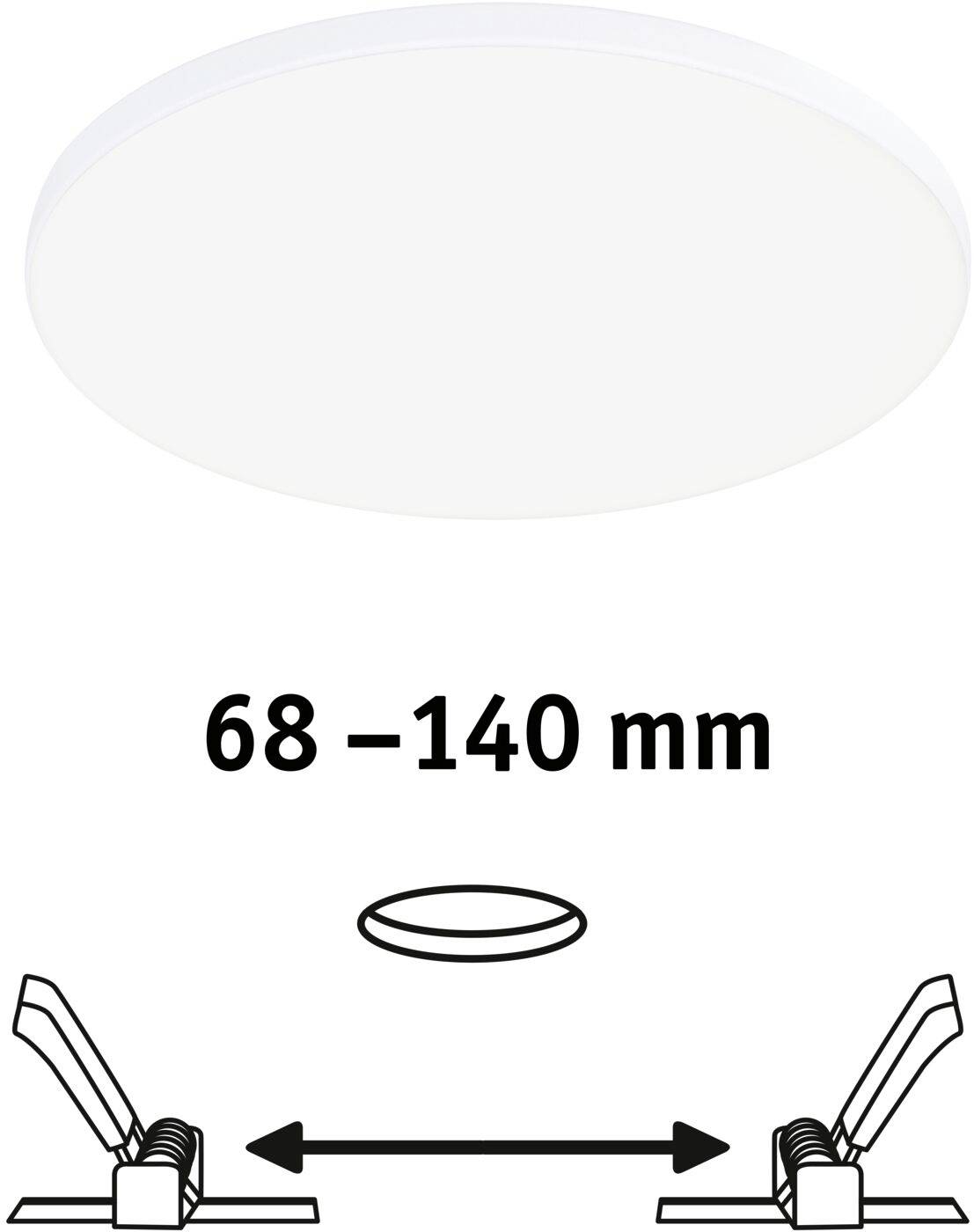 Okrúhle biele LED stropné svietidlo s nastaviteľným vstavaným priemerom od 68 do 140 mm. Obsahuje diagram montážnej konzoly.