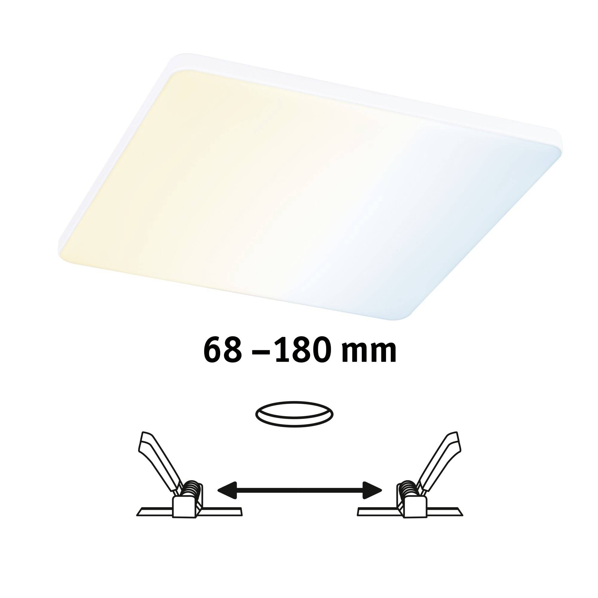 Štvorcové stropné svietidlo v svetlomodrej a žltej farbe, nastaviteľný priemer od 68 do 180 mm, schematický nákres montáže.
