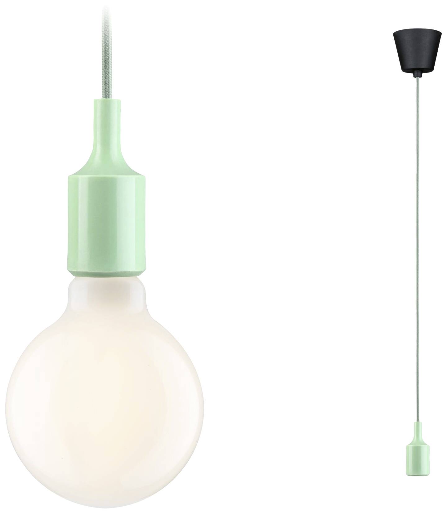 Závesná lampa so zeleným podstavcom a čiernym stropným úchytom, so svietiacou žiarovkou, v modernom a minimalistickom dizajne.