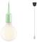 Závesná lampa so zeleným podstavcom a čiernym stropným úchytom, so svietiacou žiarovkou, v modernom a minimalistickom dizajne.