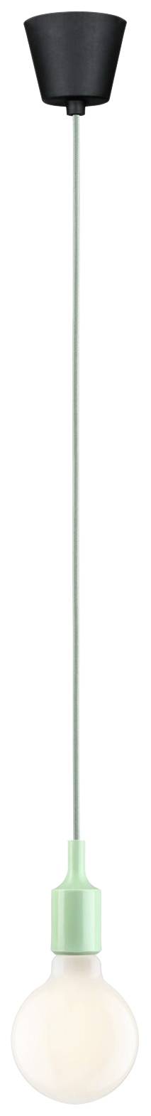 Závesná lampa s čiernou stropnou konzolou, zeleným káblom a rozsvetenou žiarovkou.