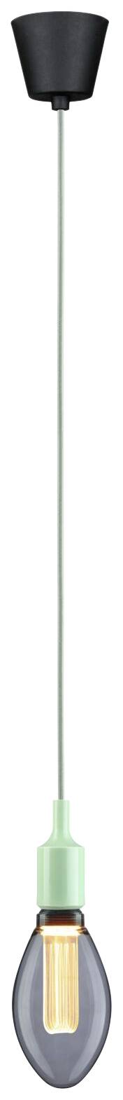 Závesná stropná lampa s čiernym úchytom, mätovozeleným káblom a moderným, priesvitným tienidlom.