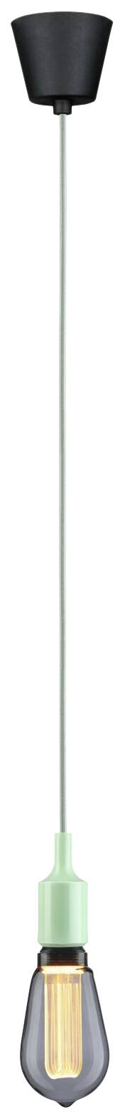 Závesné stropné svietidlo s moderným dizajnom; čierny baldachýn, zelený kábel a žiarovka so viditeľnými vláknami.