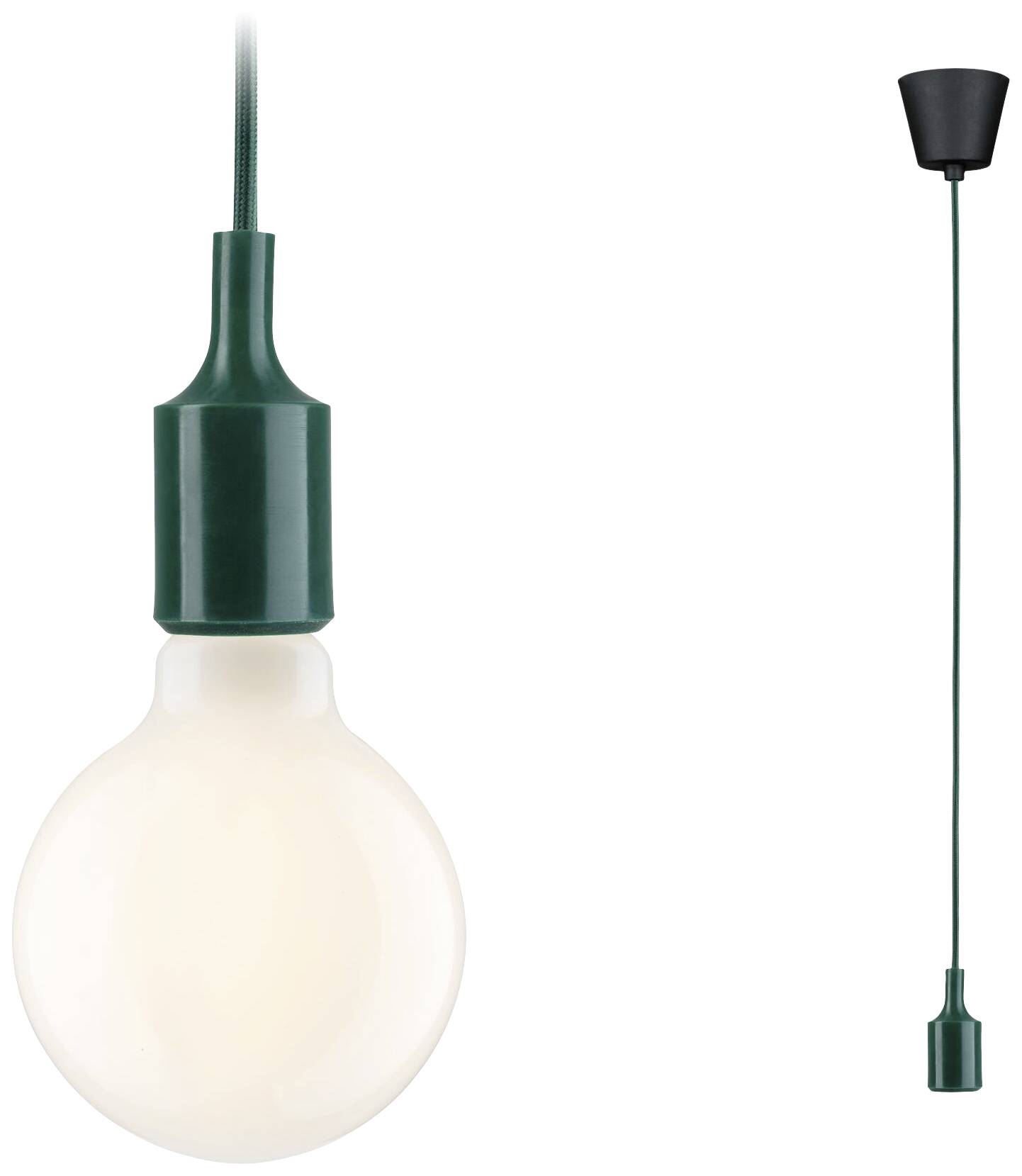 Stropné svietidlo so zeleným káblom a veľkou, okrúhlou žiarovkou.