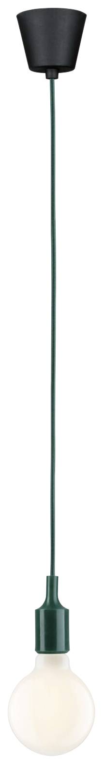 Závesná lampa s čiernym baldachýnom, zeleným káblom a svietiacou žiarovkou.