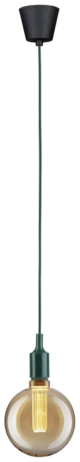 Visiaca žiarovka so zeleným káblom a čiernou objímkou. Žiarovka svieti teplo a rovnomerne.