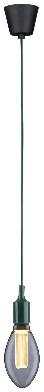 Zavesená žiarovka so zeleným káblom a čiernym stropným držiakom, zapnutá, vyžarujúca teplé svetlo.