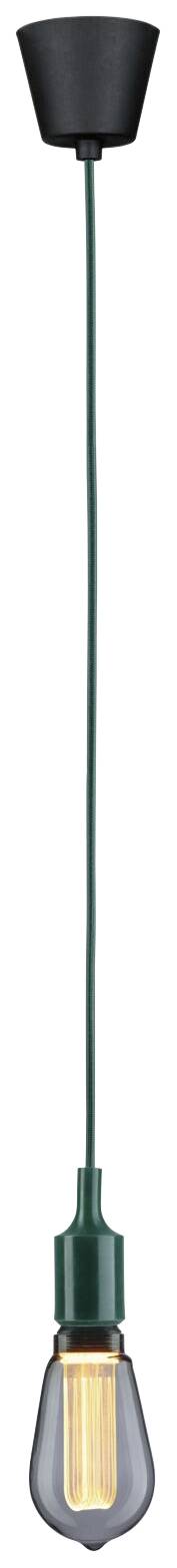 Závesná lampa s čiernym baldachýnom, zeleným káblom a priehľadnou žiarovkou s viditeľným žeraviacim vláknom.