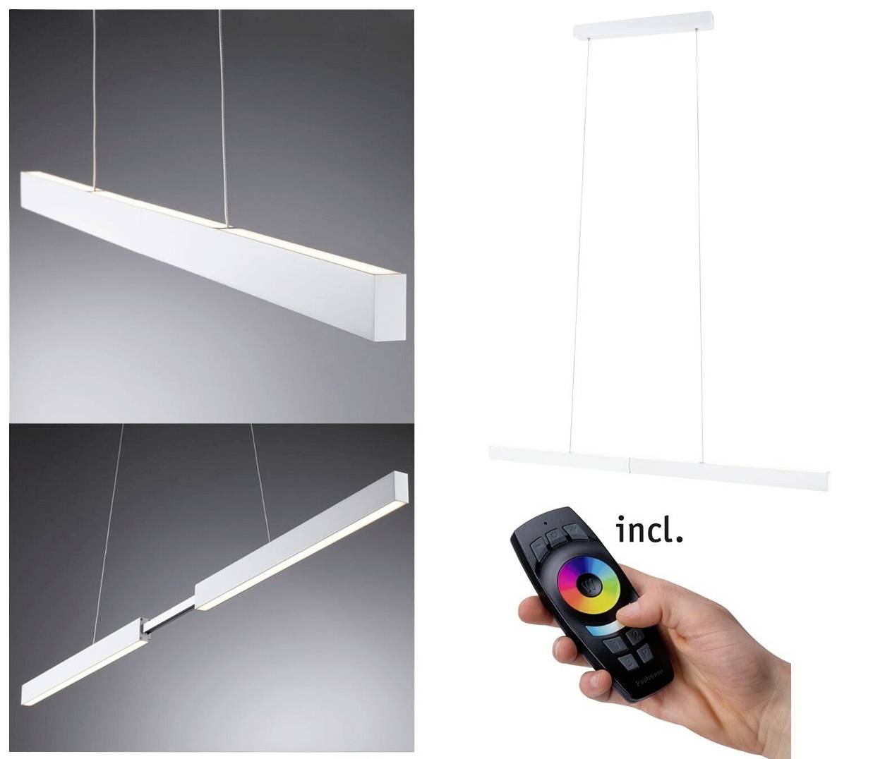 Moderná, podlhovastá závesná lampa s diaľkovým ovládaním na nastavenie farby svetla.