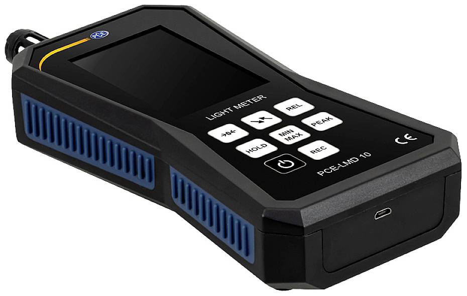 Digitálny luxometer s čiernym krytom a niekoľkými bielymi tlačidlami na meranie intenzity svetla.