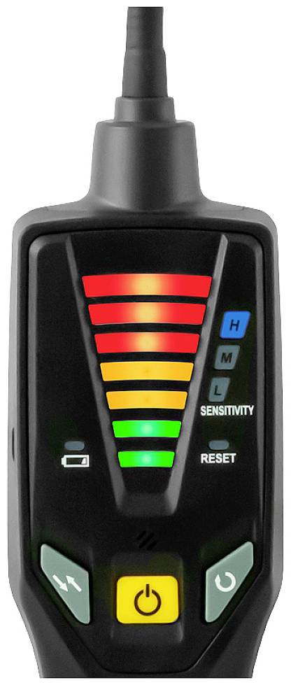 Zariadenie s farebnou stupnicou na indikáciu citlivosti: Zelená (nízka), Žltá (stredná), Červená (vysoká). Tlačidlá pre nastavenia a reset.