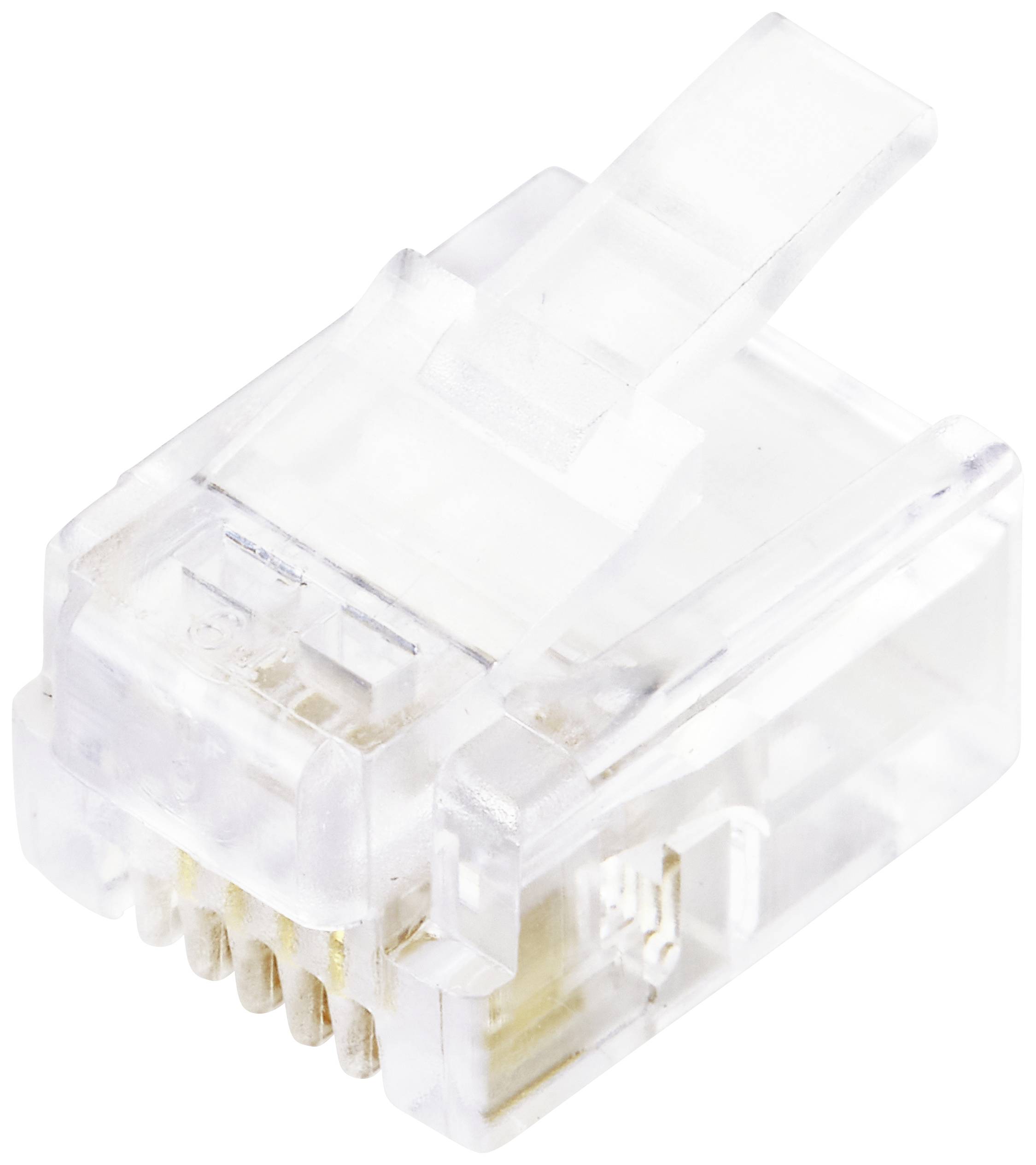 Priehľadný RJ45 konektor pre ethernetové pripojenia, zobrazujúci zlaté kontakty.