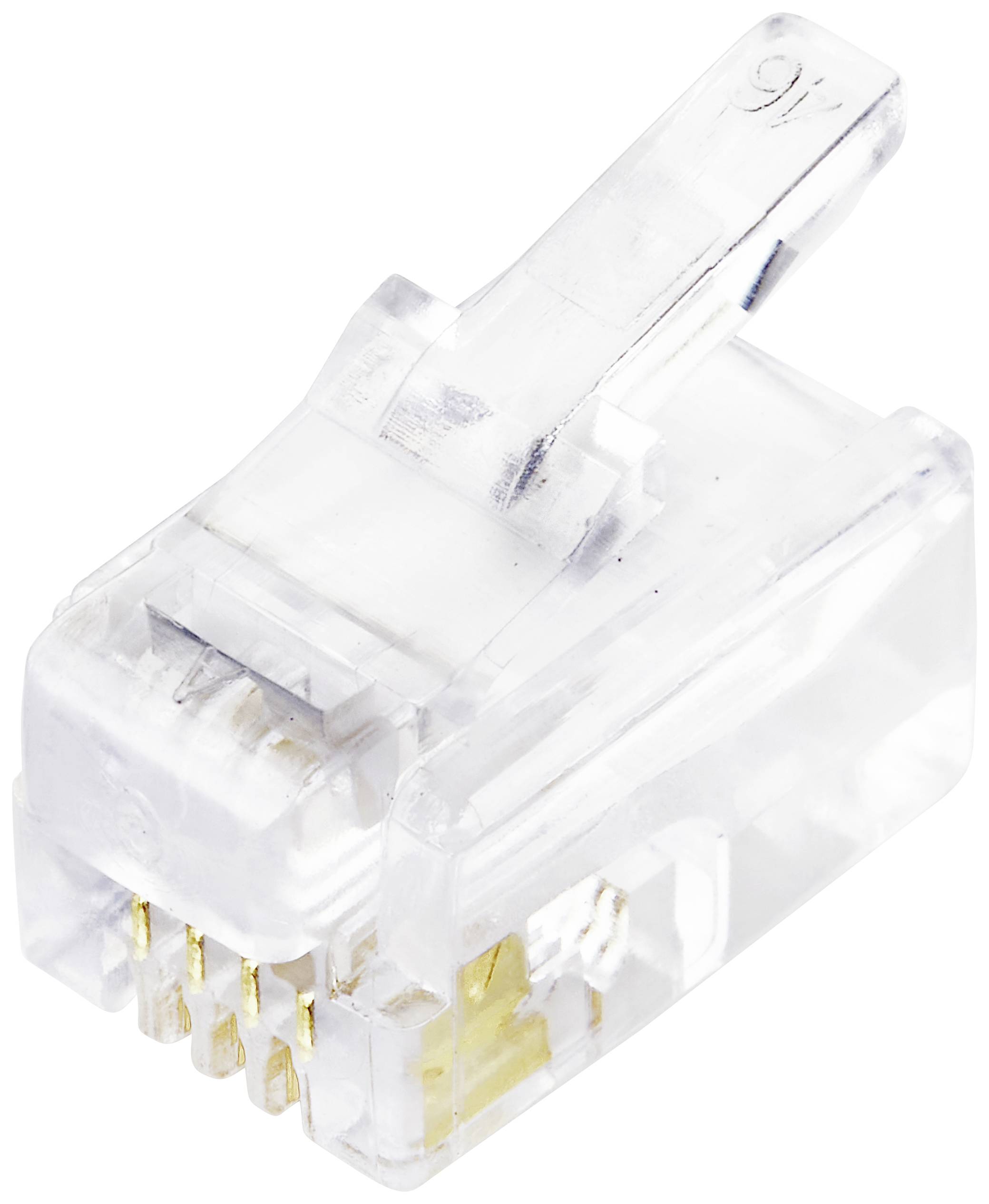 Jeden samostatný, priehľadný RJ45 konektor pre ethernetové pripojenia, na ktorom sú viditeľné zlaté kontakty a zaistovacia západka.