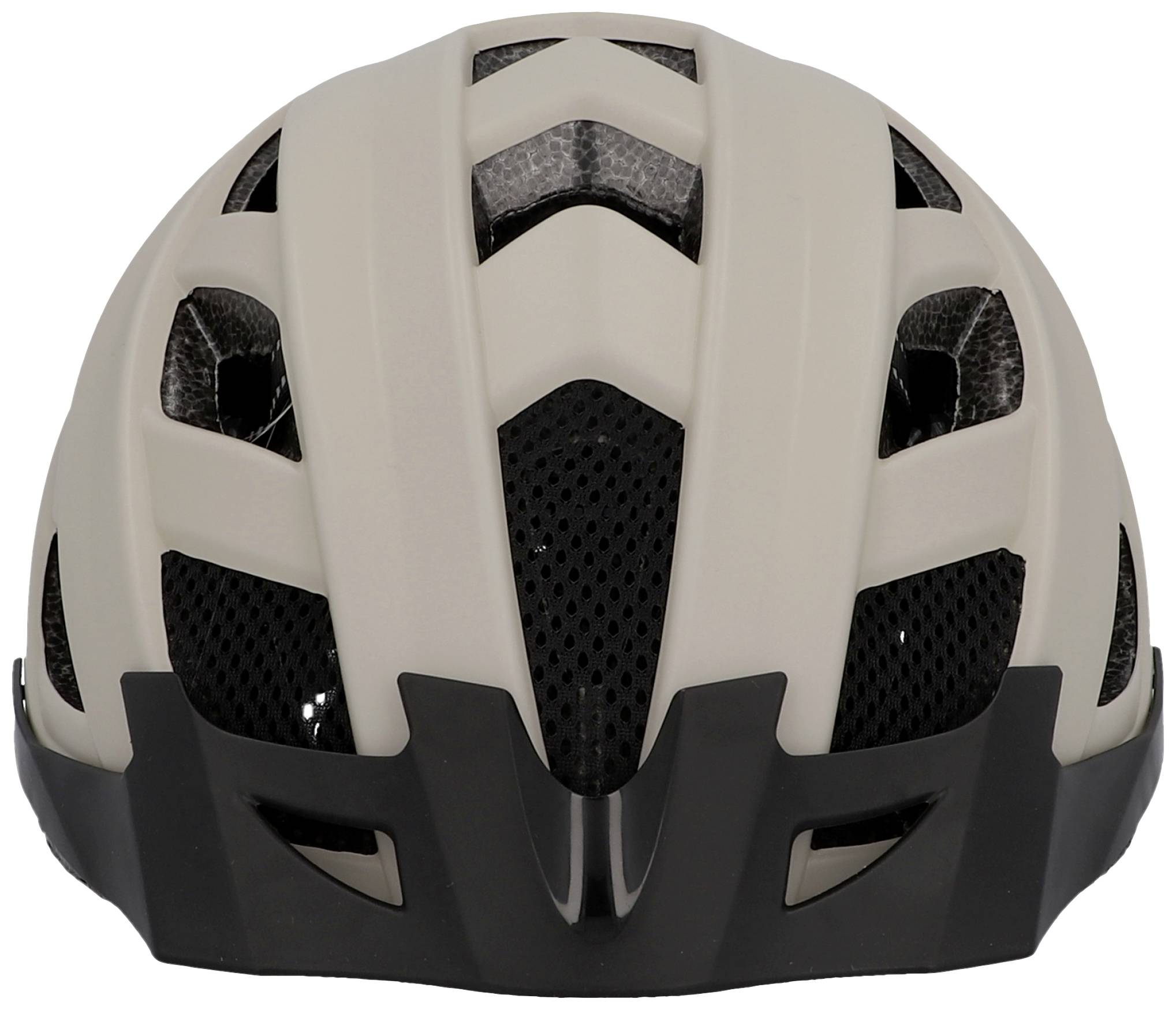 Béžová cyklistická helma s čiernymi ventilačnými otvormi a ochrannými krytmi, zobrazená spredu.
