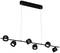 Moderná, čierna závesná lampa so šiestimi nastaviteľnými bodovými svetlami na horizontálnej tyči, vhodná pre minimalistický interiér.