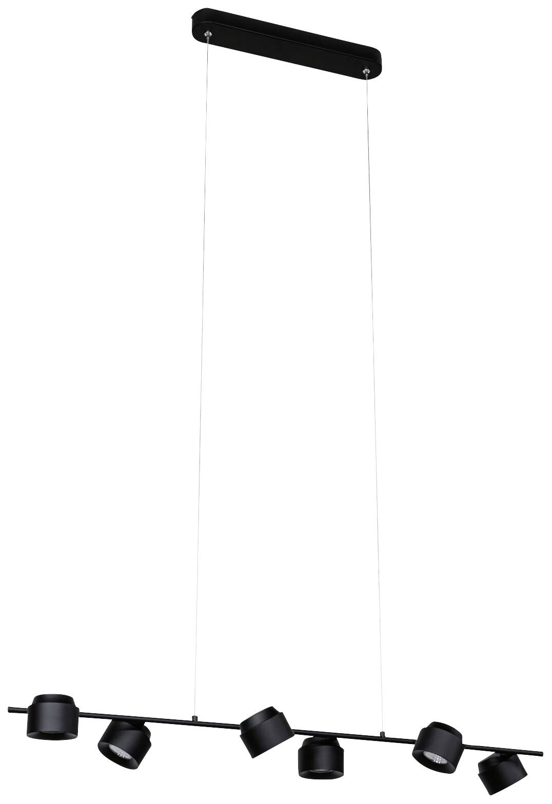 Moderná, čierna stropná lampa so šiestimi nastaviteľnými svetlometmi, zavesená na dvoch strieborných lanách. Ideálna do obývacej izby.