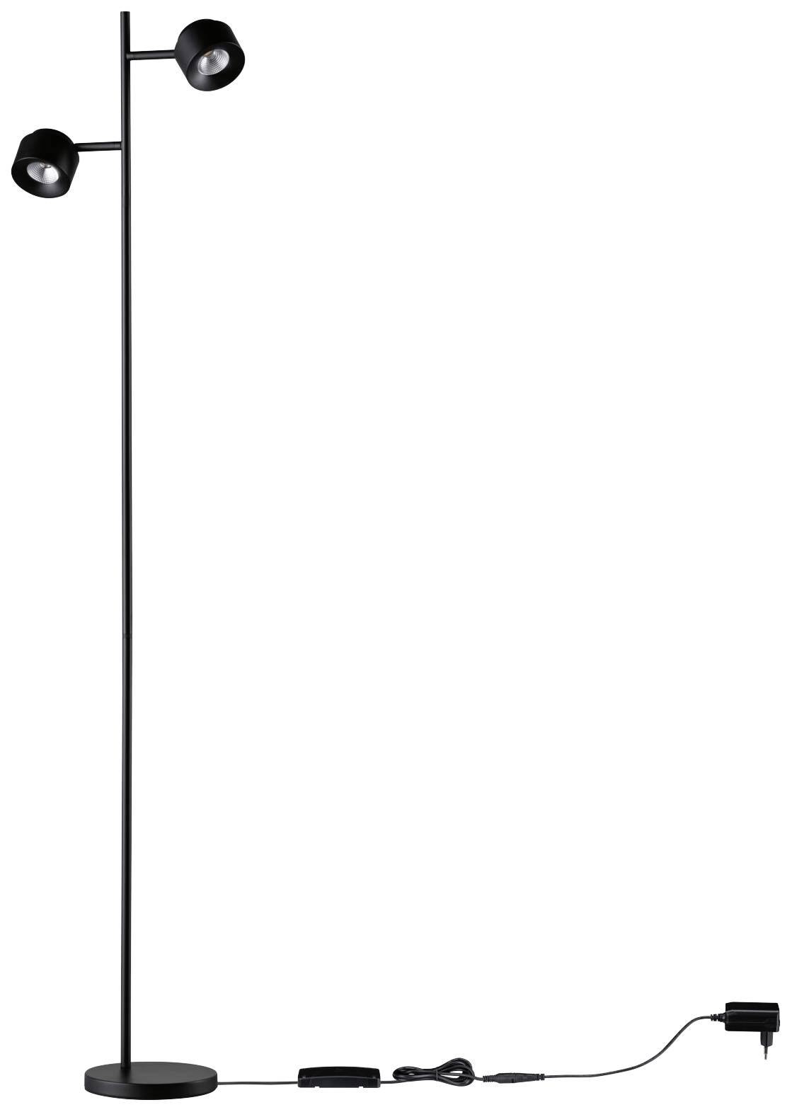 Stojanová lampa s dvoma nastaviteľnými okrúhlymi svetlami na štíhlom čiernom stojane. Kábel a zástrčka sú viditeľné v spodnej časti.