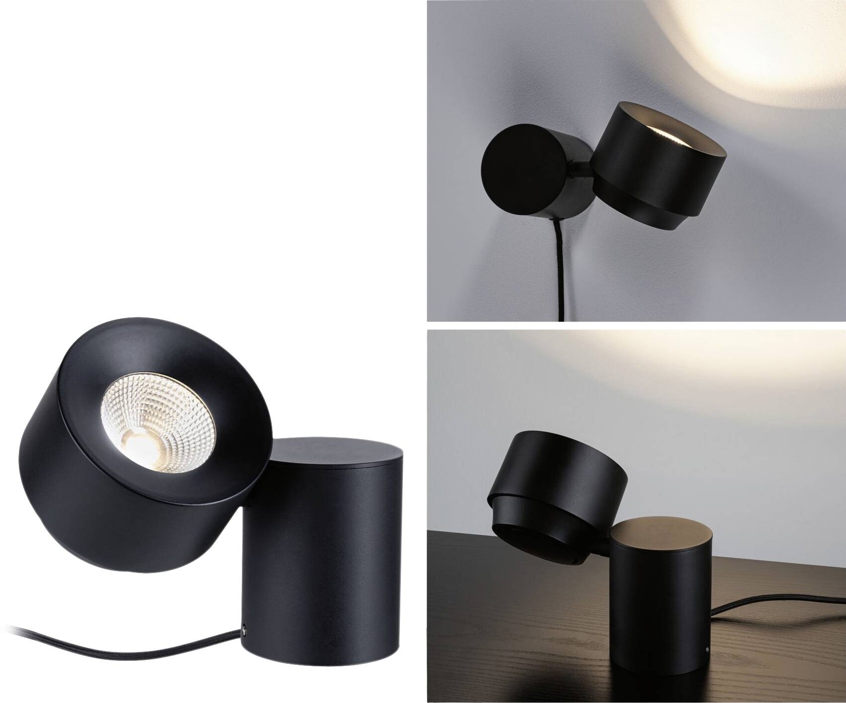 Čierna, valcovitá, nastaviteľná stolná lampa, ktorá poskytuje teplé svetlo; vhodná pre moderný interiér.