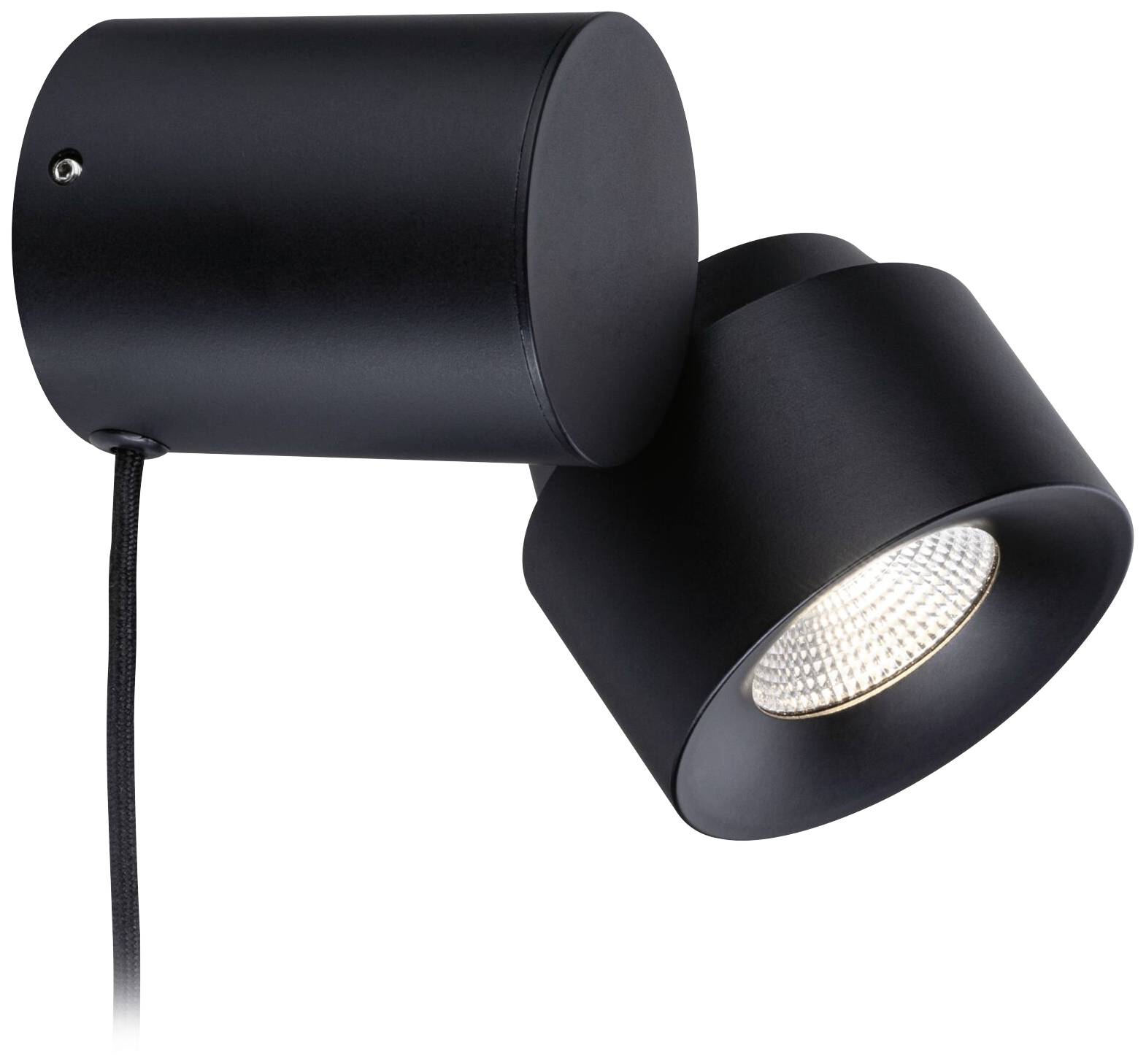 Čierna valcovitá nástenná lampa so sklopeným svetelným zdrojom, ktorá vykazuje moderný, minimalistický dizajn.