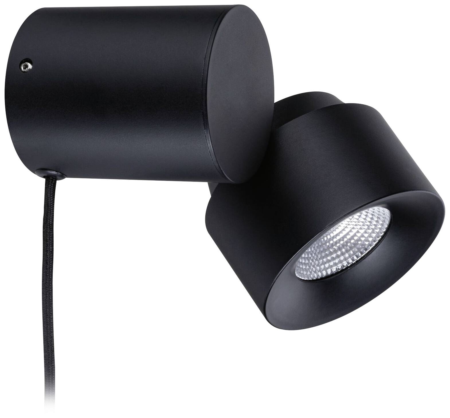 Čierne, moderné nástenné svietidlo s valcovitým dizajnom, nasmerované smerom nadol a zobrazujúce pripojený elektrický kábel.