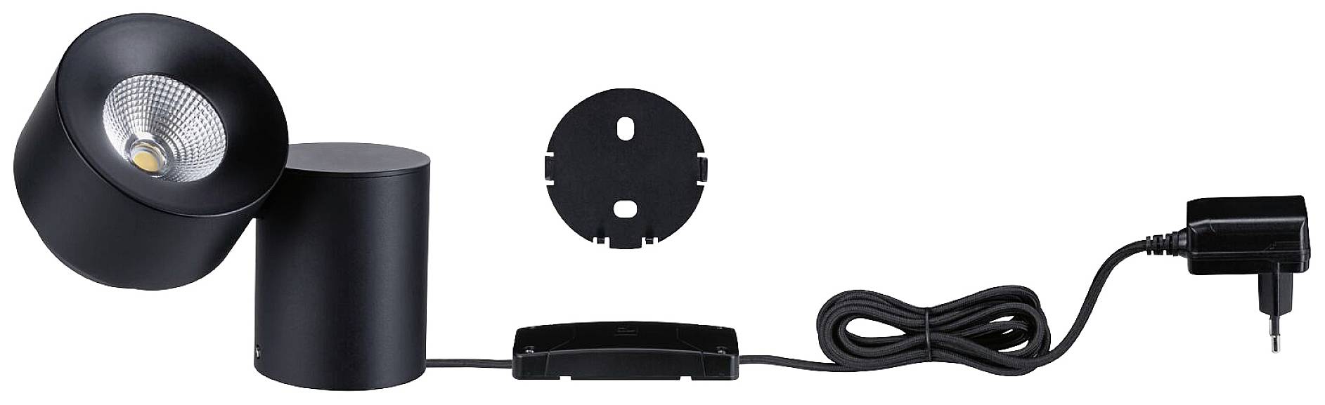 Čierne LED nástenné svietidlo s okrúhlym krytom, sieťovým káblom a montážnou doskou, vhodné pre vnútorné osvetlenie.