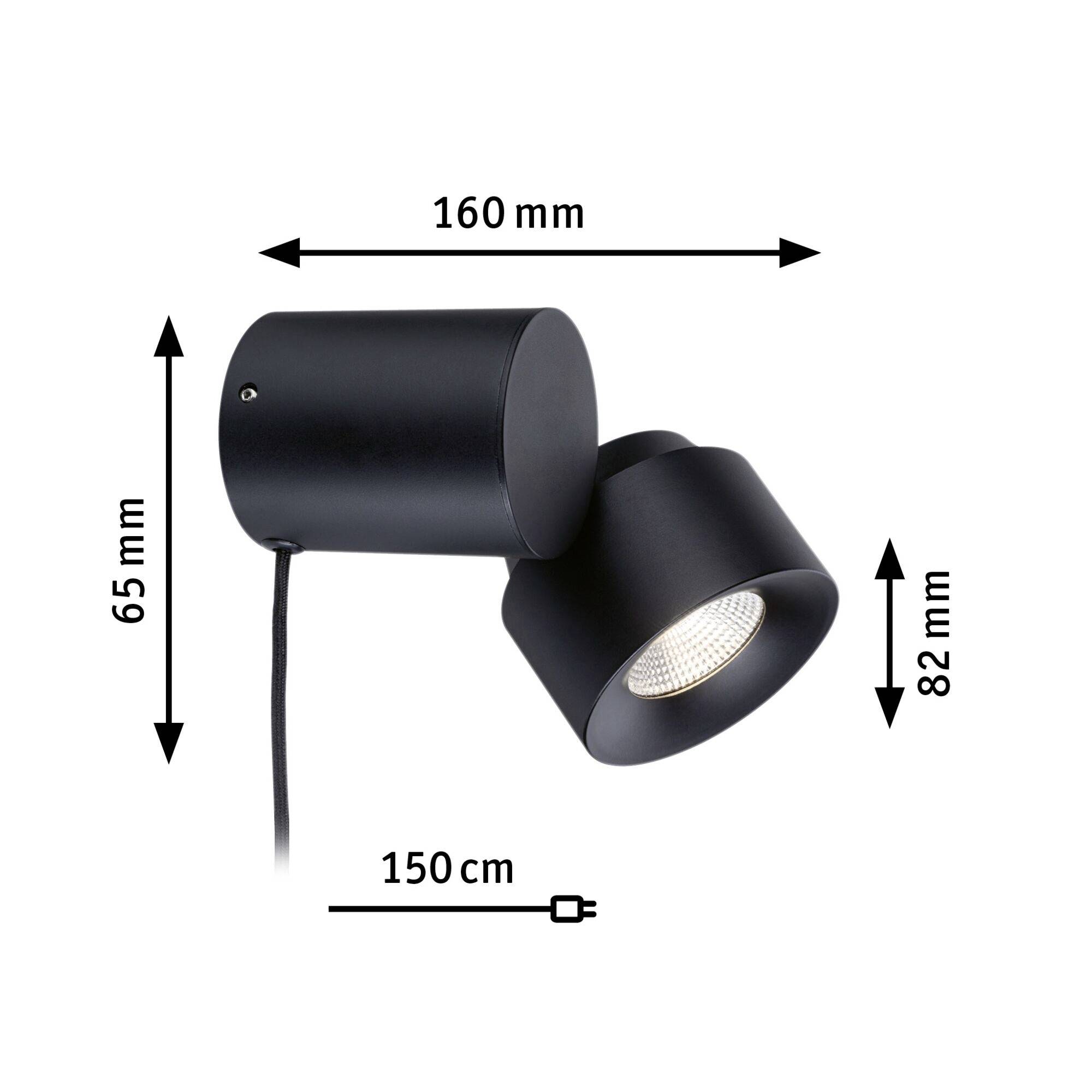 Čierna nástenná lampa s nastaviteľnou hlavou, rozmery: 160 mm dĺžka, 82 mm výška, 65 mm šírka. Kábel: 150 cm. Moderný, minimalistický dizajn.