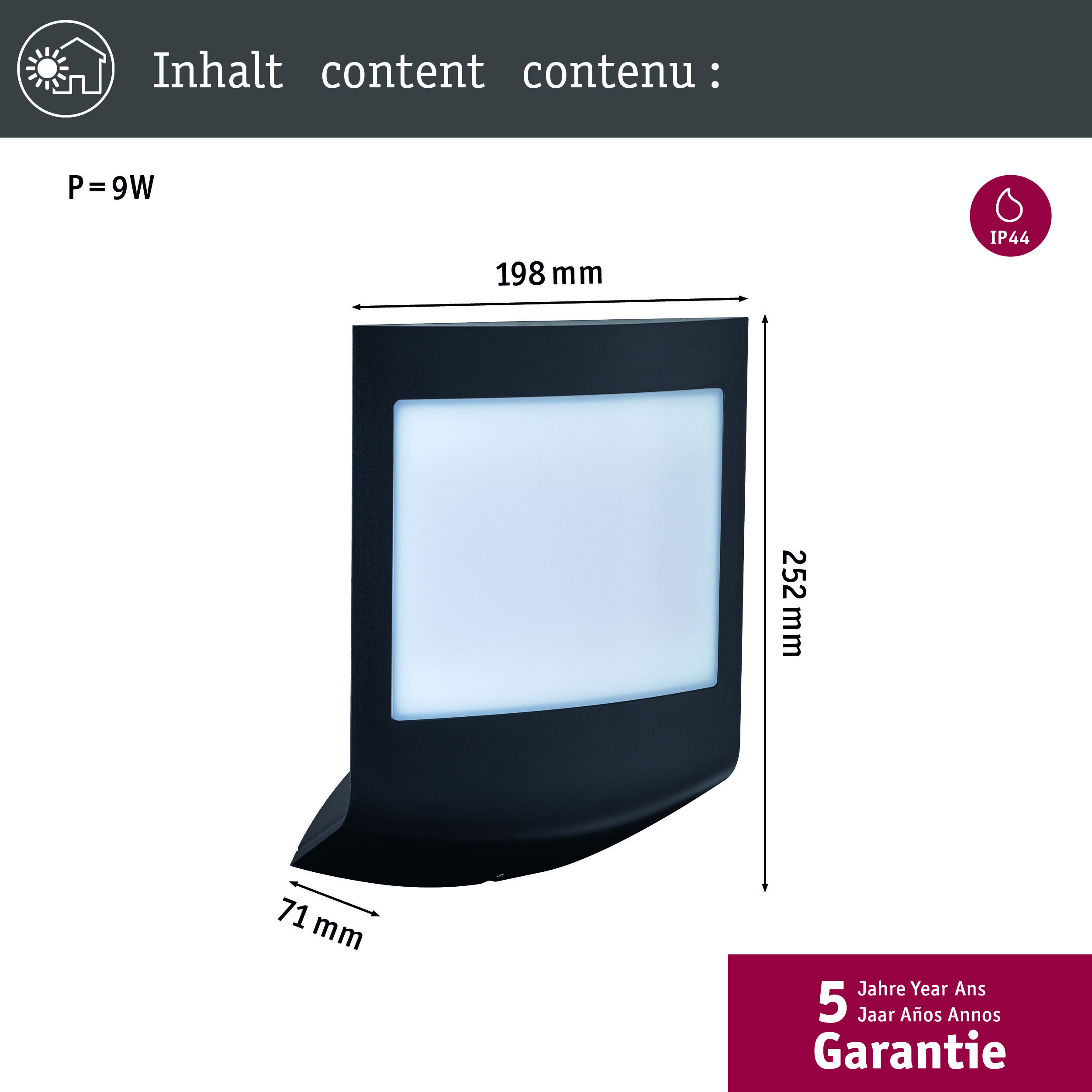 Čierne obdĺžnikové vonkajšie svietidlo s bielou svietiacou plochou, stupeň ochrany IP44, rozmery 252 x 198 x 71 mm, výkon 9W, 5 rokov záruka.