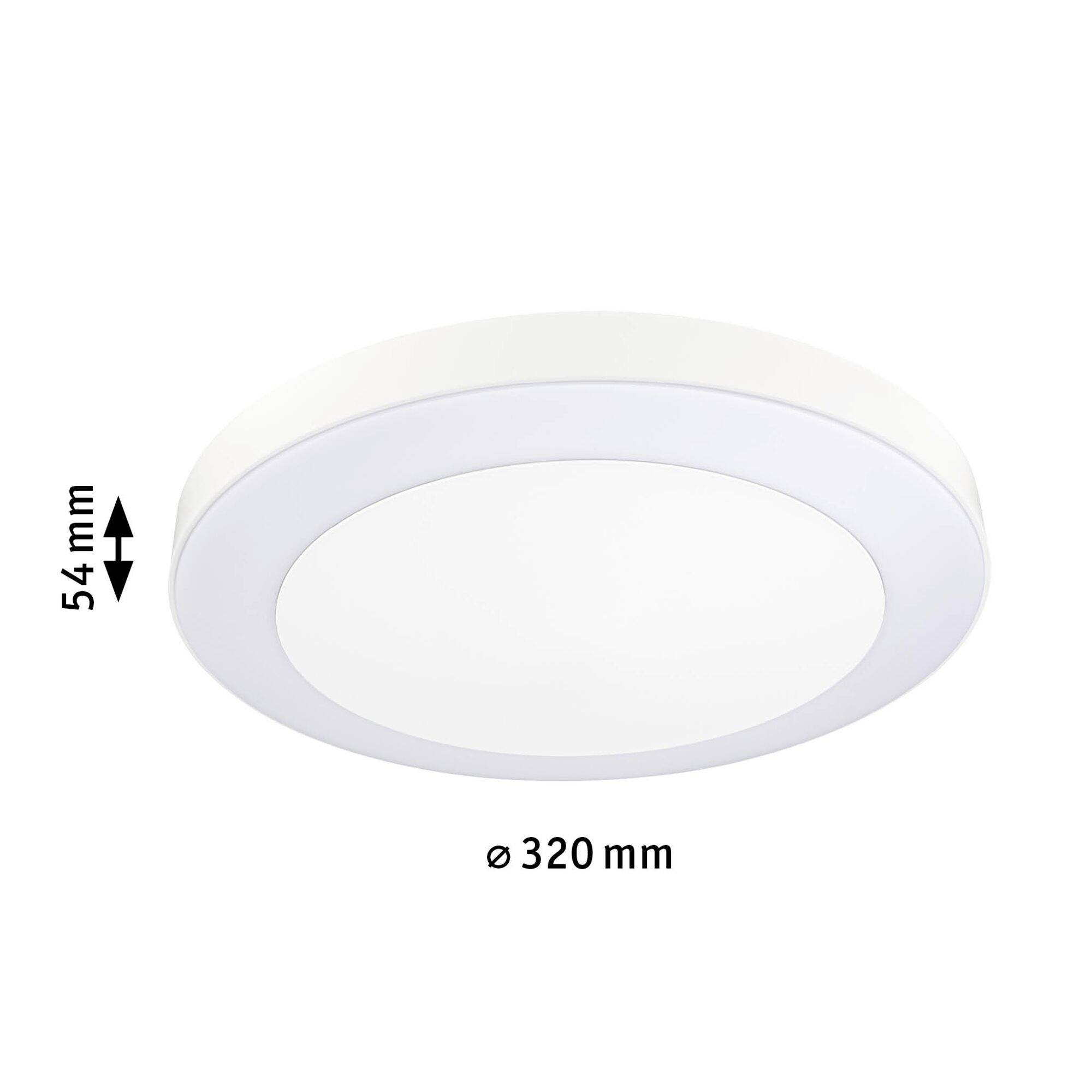 Okrúhle biele stropné LED svietidlo s rozmermi: priemer 320 mm, výška 54 mm.