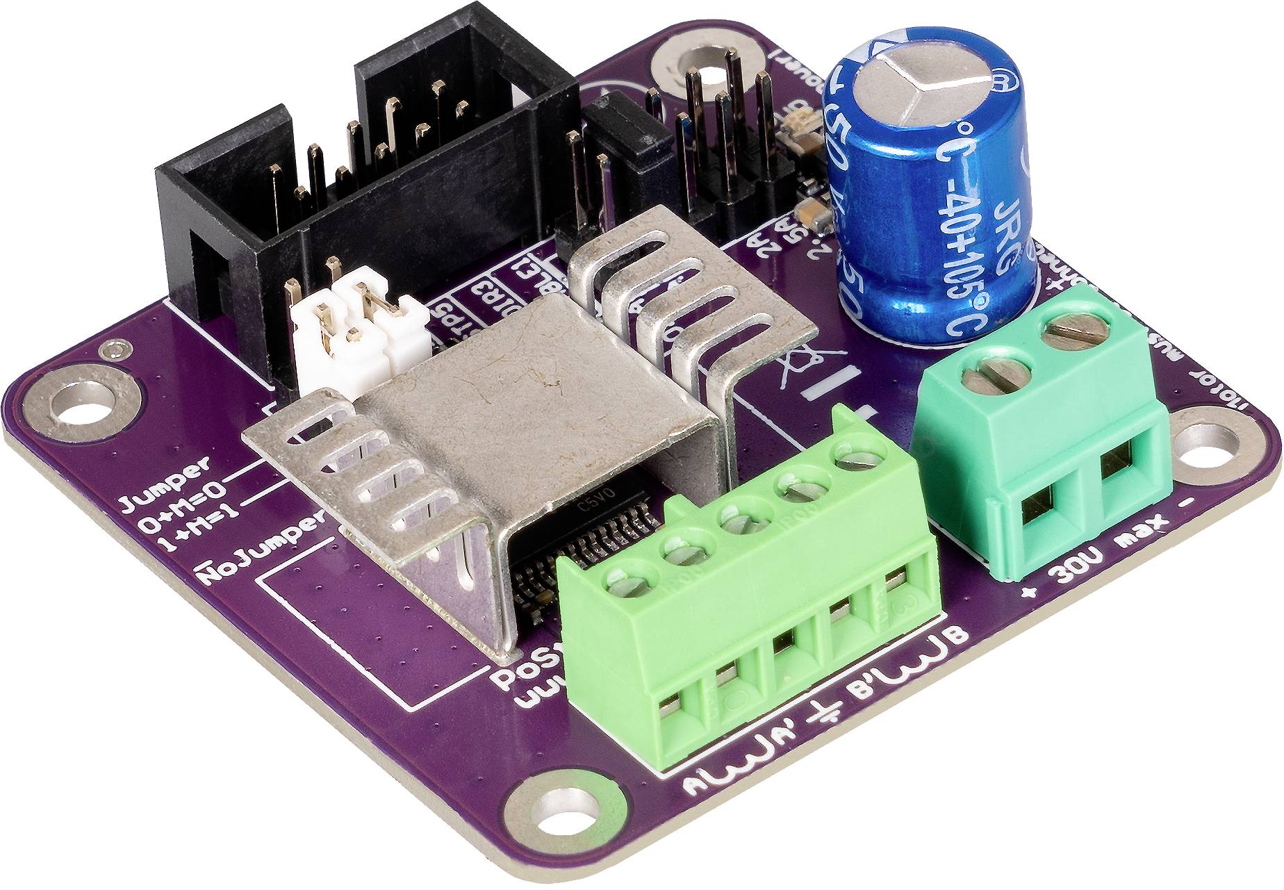 Fialový elektronický modul s modrým kondenzátorom, zelenými svorkami a niekoľkými konektormi na doske plošných spojov.
