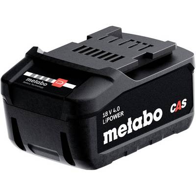 Čierna batéria Metabo 18 V 4.0 LiPOWER s logom CAS, zobrazená na produktovej fotografi na bielom pozadí.