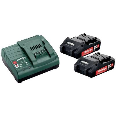 Nabíjačka batérií so dvomi čiernymi akumulátormi značky Metabo, model Li-Power.