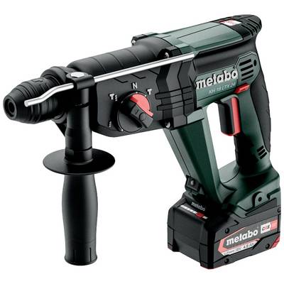 Zeleno-čierny Metabo akumulátorový príklepový vŕtací kladivový stroj s červeným spínačom a prídavnou rukoväťou, model 'KH 18 LTX 24'.