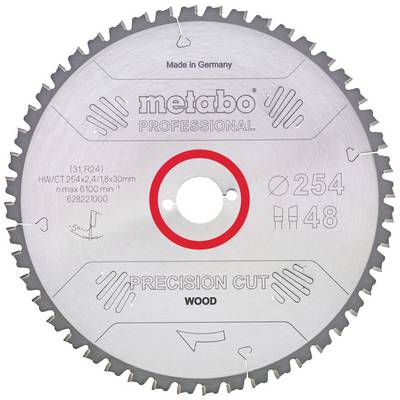 Pílový kotúč s nápisom 'Metabo Professional'. Priemer 254 mm, 48 zubov, vhodný na drevo. Vyrobené v Nemecku.
