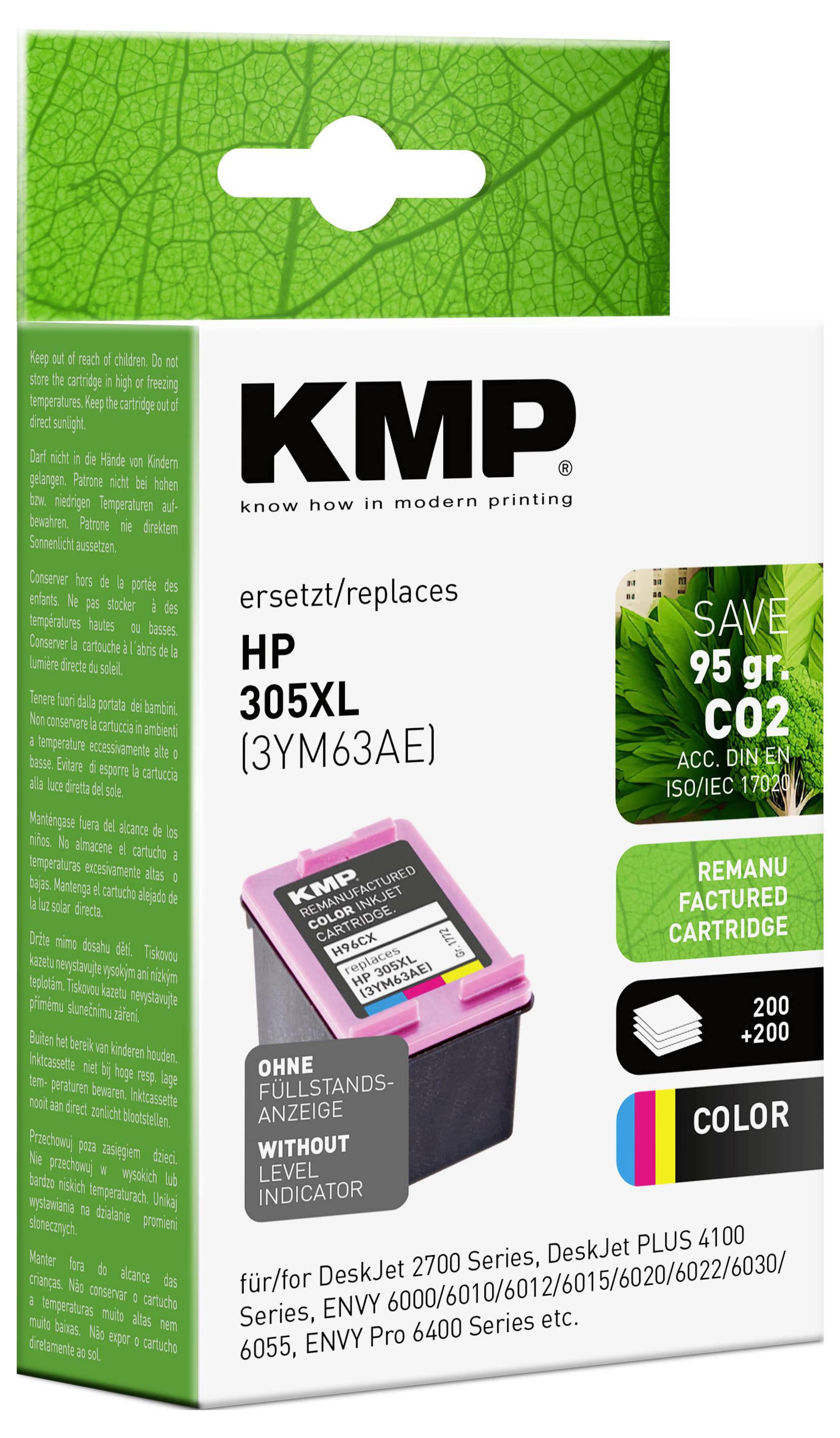 Obrázok zobrazuje remanufaktúrovanú farebnú atramentovú kazetu KMP kompatibilnú s HP 305XL. Balenie zvýrazňuje ekologické vlastnosti, ktoré umožňujú úsporu 95g CO2.