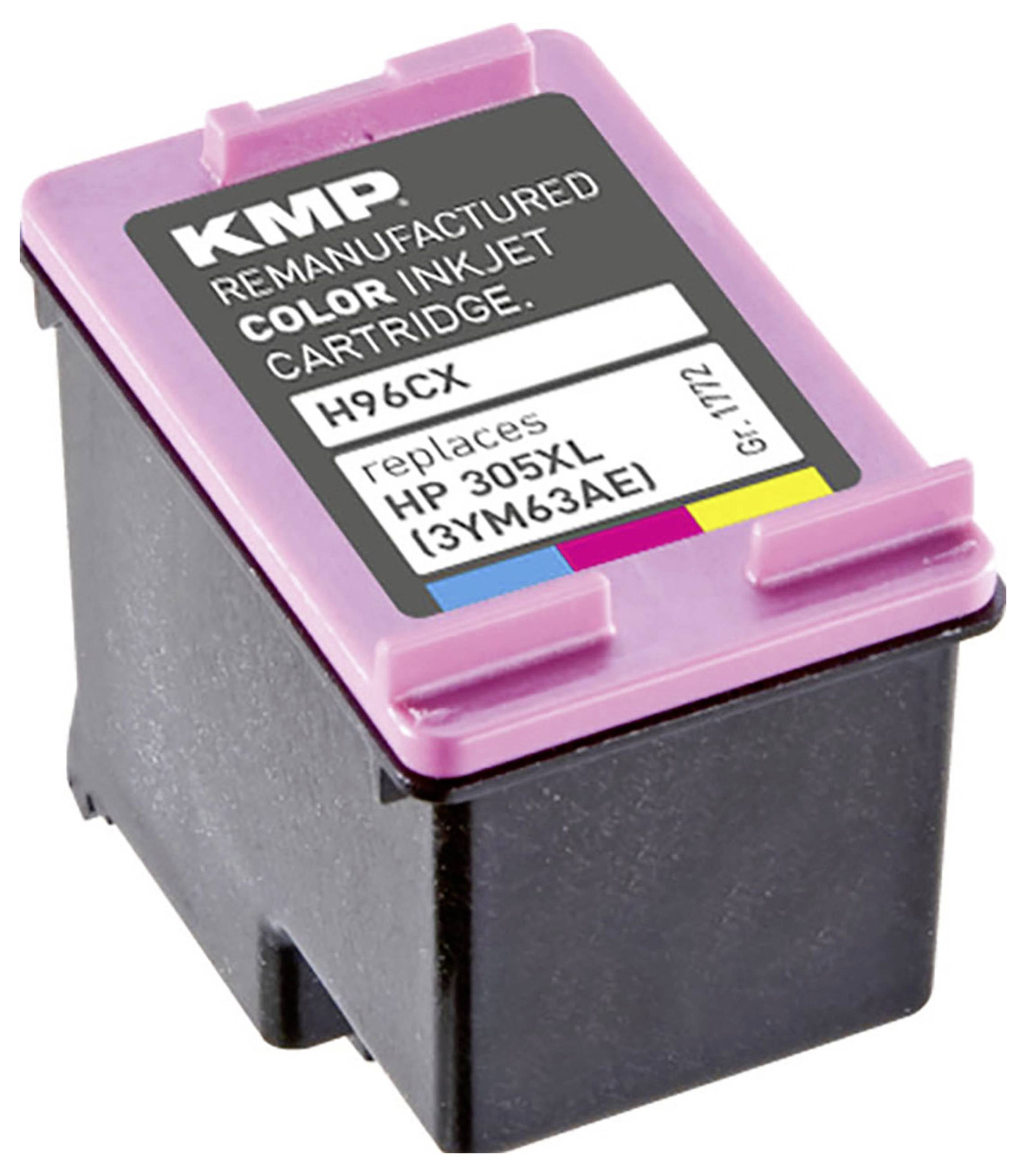 "KMP Obnovený farebný atramentový cartridge, H96CX, nahrádza HP 305XL (3YM63AE)," s ružovým obalom a farebným štítkom.