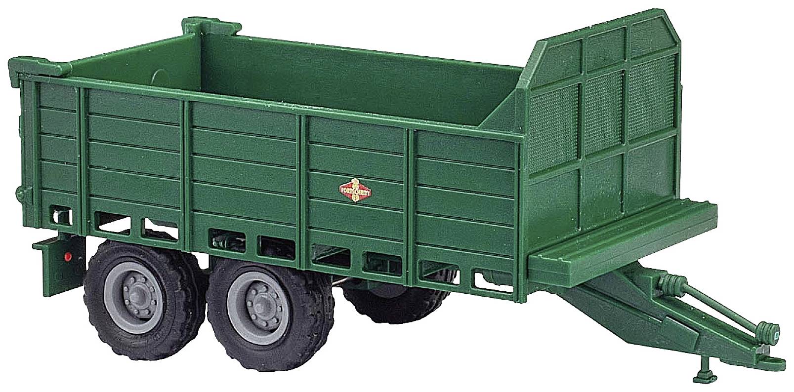 Zelený dvojnápravový príves s vysokými bočnými stenami, vhodný na poľnohospodárske účely.