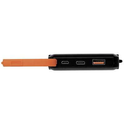 USB nabíjačka s tromi portmi: mini-USB, USB-C a štandardný USB. Vysunuté oranžové plastové rameno.