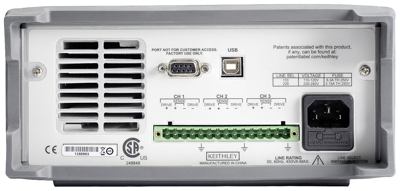 Zadná strana meracieho prístroja Keithley s konektormi: USB, sériové porty, sieťová prípojka a ochranné poistky.
