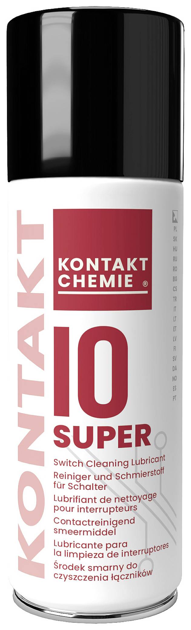 Sprej s čiernym uzáverom a červeným nápisom 'KONTAKT 10 SUPER'. Čistiaci a mazací prostriedok pre spínače.