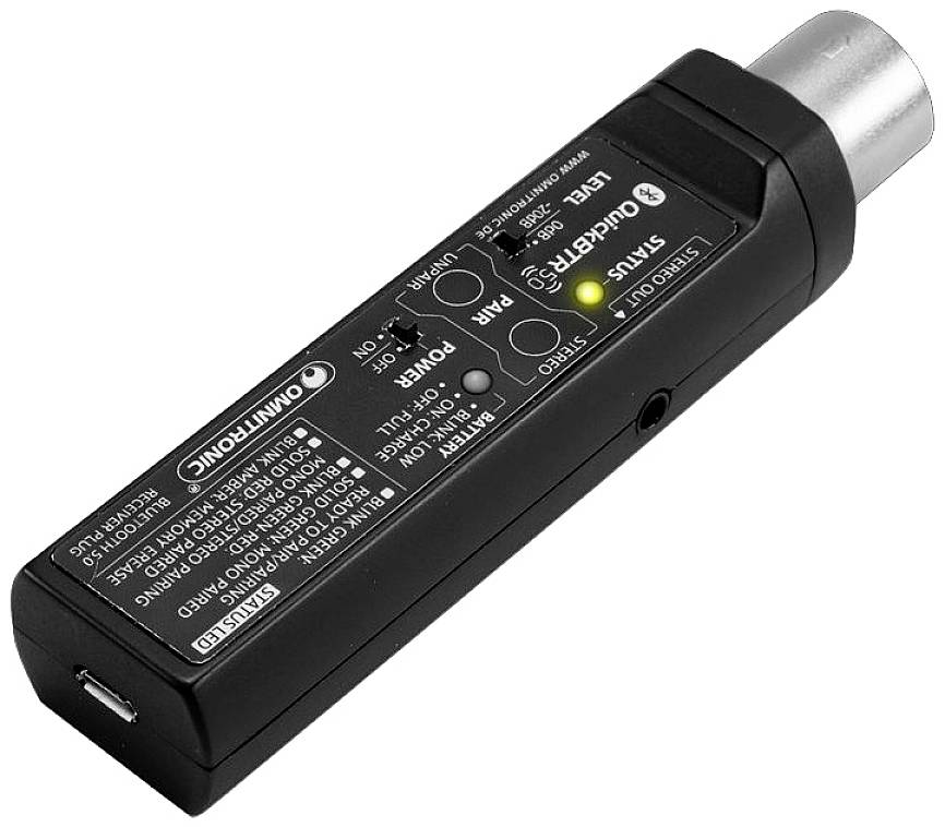 Omnitronic QuickBTR-5.0 XLR AptX Ricevitore audio Bluetooth® Versione Bluetooth: 5.0, A2DP 10 m Tecnologia APTX, Batteria integrata, LED Display integ