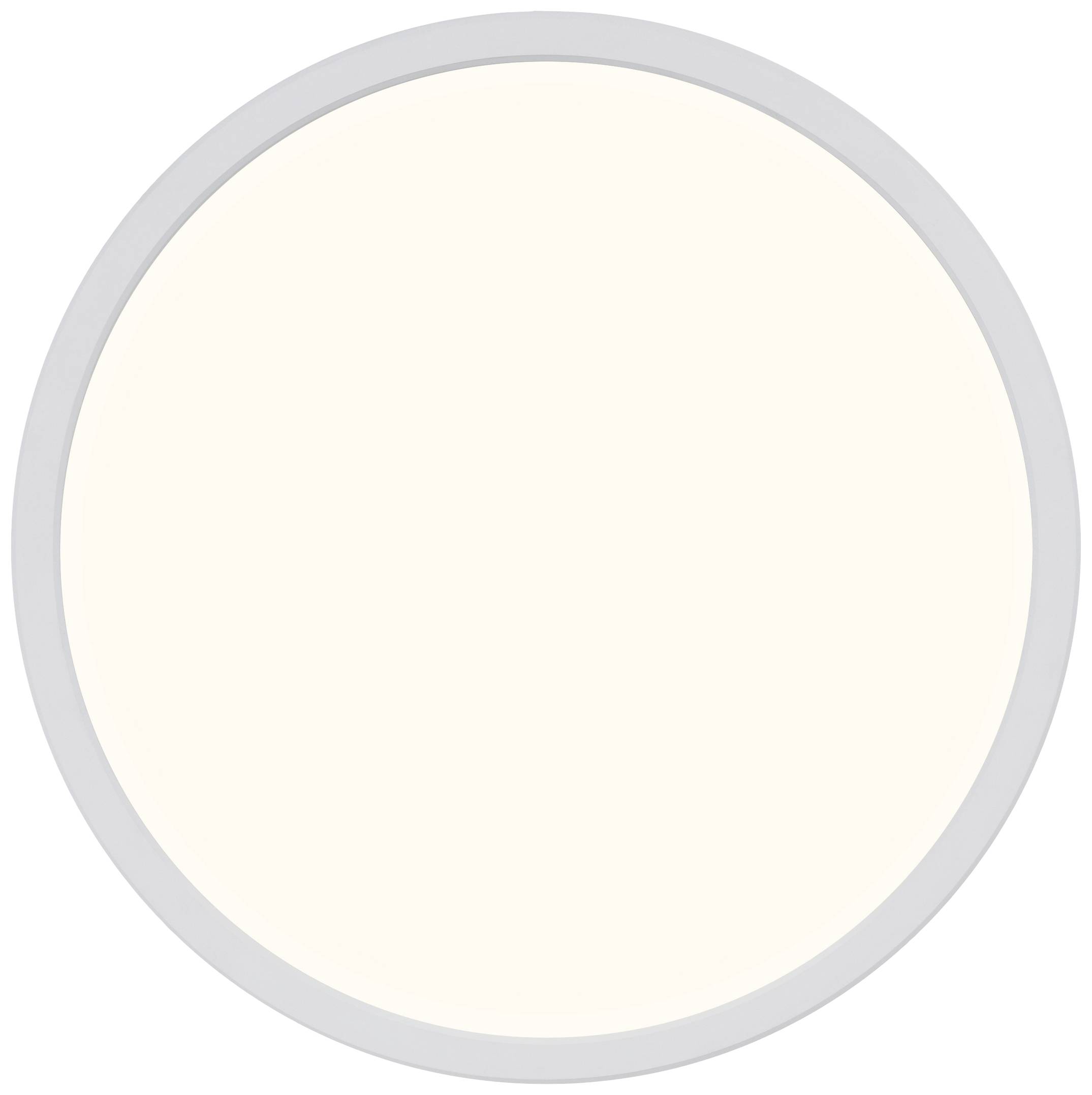 Okrúhly, plochý LED panel s bielym rámom, ktorý vyžaruje jemné, teplé biele svetlo. Vhodný pre priestorové osvetlenie v obytných alebo pracovných priestoroch.