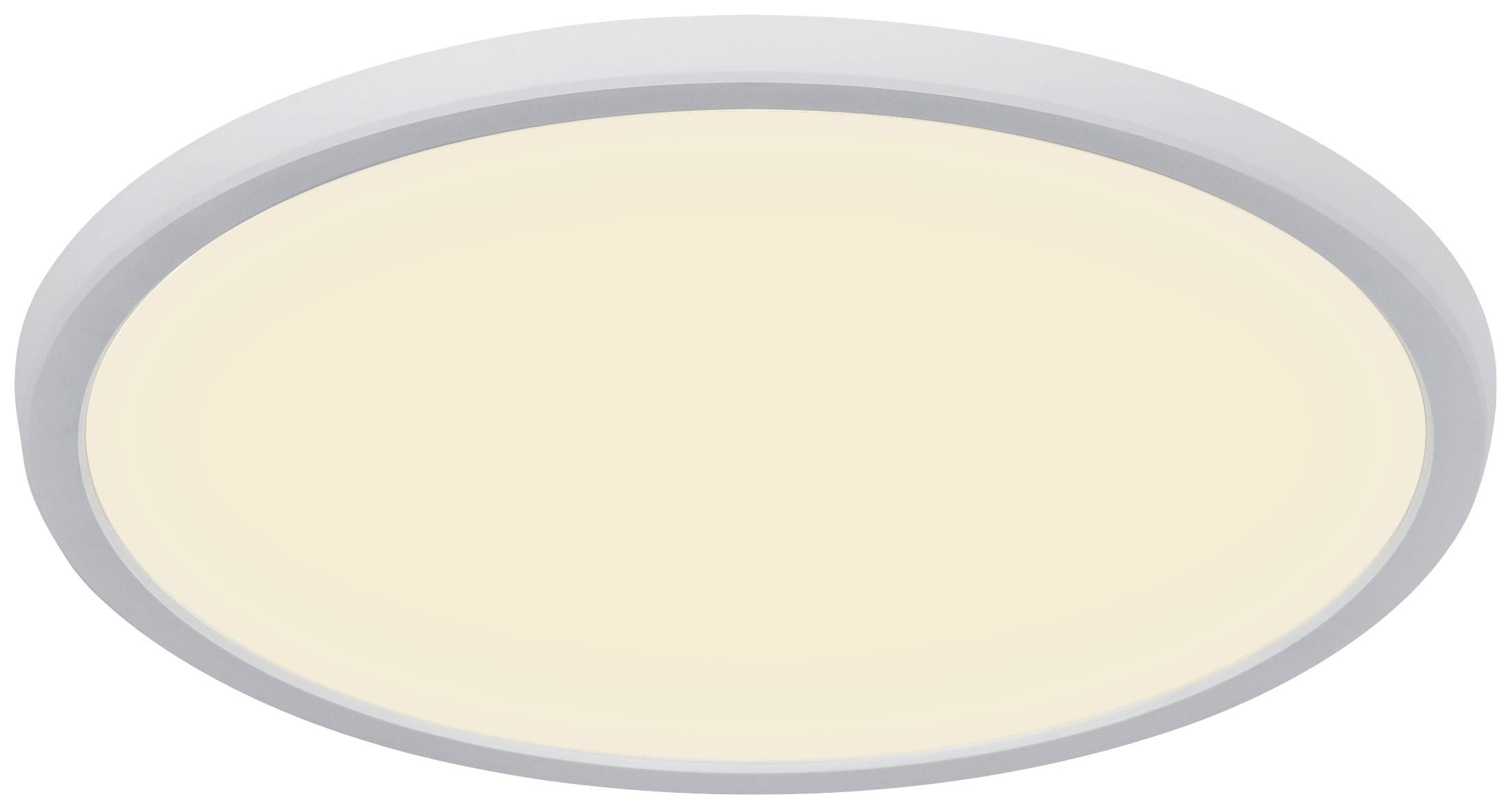 Okrúhle stropné LED svietidlo s bielym lemom a teplým bielym svetlom, vhodné do obytných alebo pracovných priestorov.